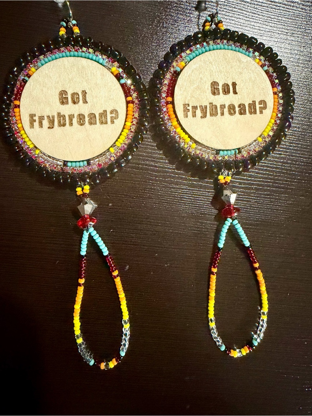 Handmade Turquoise & Multicolor Beaded 'Got Frybread?' Earrings